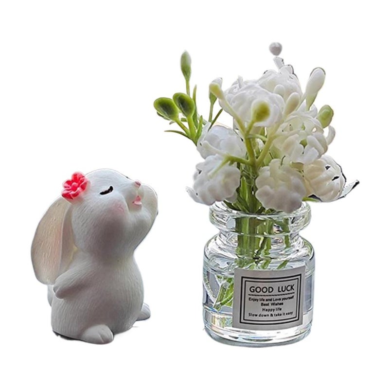 Set of 2 Cute Mini Bunny & Daisy Flower Vase Car Ornaments – Rearview Mirror Dashboard Decorations, Scented Rabbit, Blossom Vase for Women’s Car Interiors (B) - Image 1